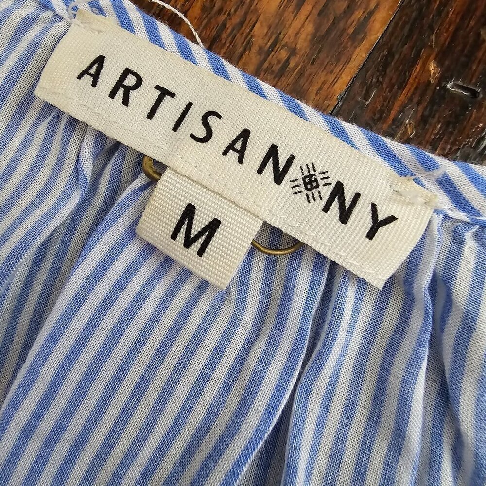 Artisan NY Blue Striped Flowy Colorful Floral Embroidery Boho Top - Picture 5 of 12